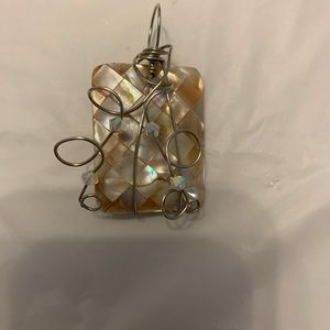 Pearlized Wire-Wrapped Pendant w/ 5 Crystal Beads on Silvertone Wire. Handmade.